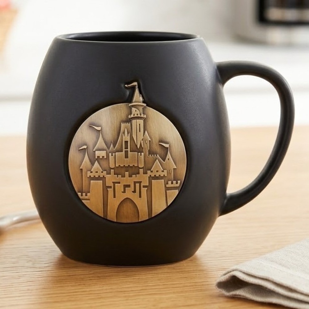 Disney Parks Sleeping Beauty Castle Matte Black Mug Brass Medallion Disneyland